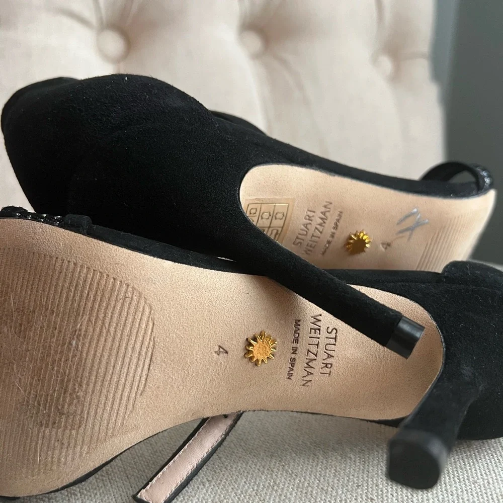 Stuart Weitzman Black Suede Ankle Strap Heels Size 4 Rhinestone Mesh Detail Rare
